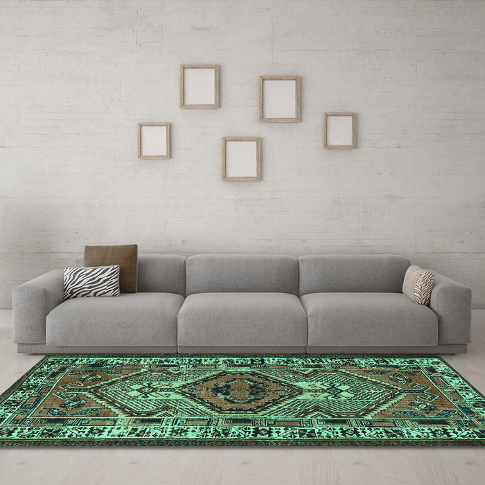 Machine Washable Persian Turquoise Traditional Area Rugs in a Living Room,, wshtr2546turq