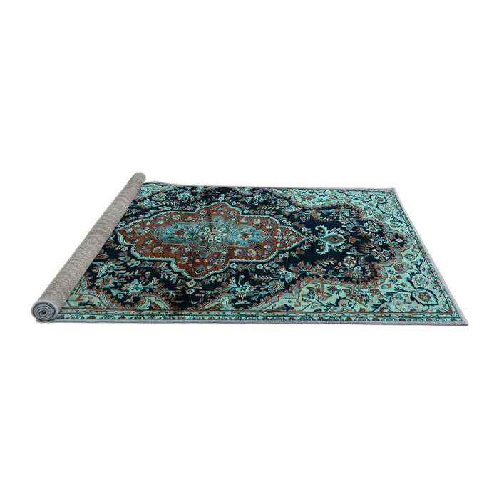 Sideview of Machine Washable Medallion Light Blue Traditional Rug, wshtr2547lblu
