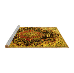 Sideview of Machine Washable Medallion Yellow Traditional Rug, wshtr2547yw
