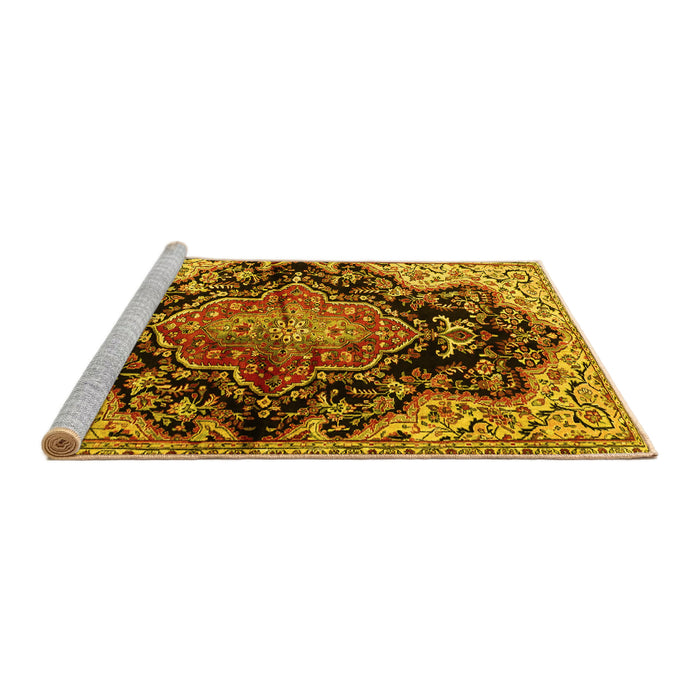Sideview of Machine Washable Medallion Yellow Traditional Rug, wshtr2547yw