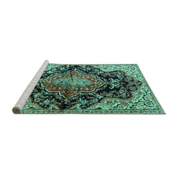Sideview of Machine Washable Medallion Turquoise Traditional Area Rugs, wshtr2547turq
