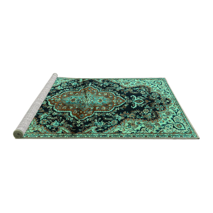 Sideview of Machine Washable Medallion Turquoise Traditional Area Rugs, wshtr2547turq