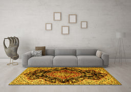 Machine Washable Medallion Yellow Traditional Rug in a Living Room, wshtr2547yw