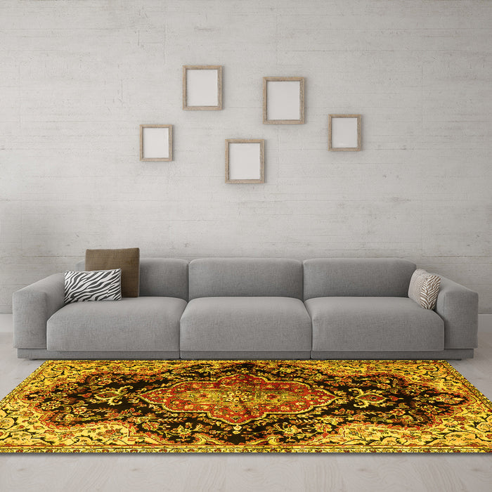 Machine Washable Medallion Yellow Traditional Rug in a Living Room, wshtr2547yw