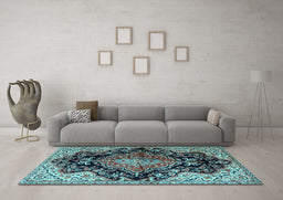 Machine Washable Medallion Light Blue Traditional Rug in a Living Room, wshtr2547lblu