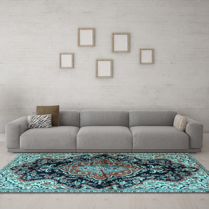 Machine Washable Medallion Light Blue Traditional Rug in a Living Room, wshtr2547lblu