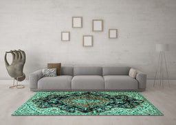 Machine Washable Medallion Turquoise Traditional Area Rugs in a Living Room,, wshtr2547turq