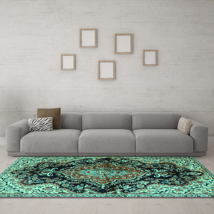 Machine Washable Medallion Turquoise Traditional Area Rugs in a Living Room,, wshtr2547turq