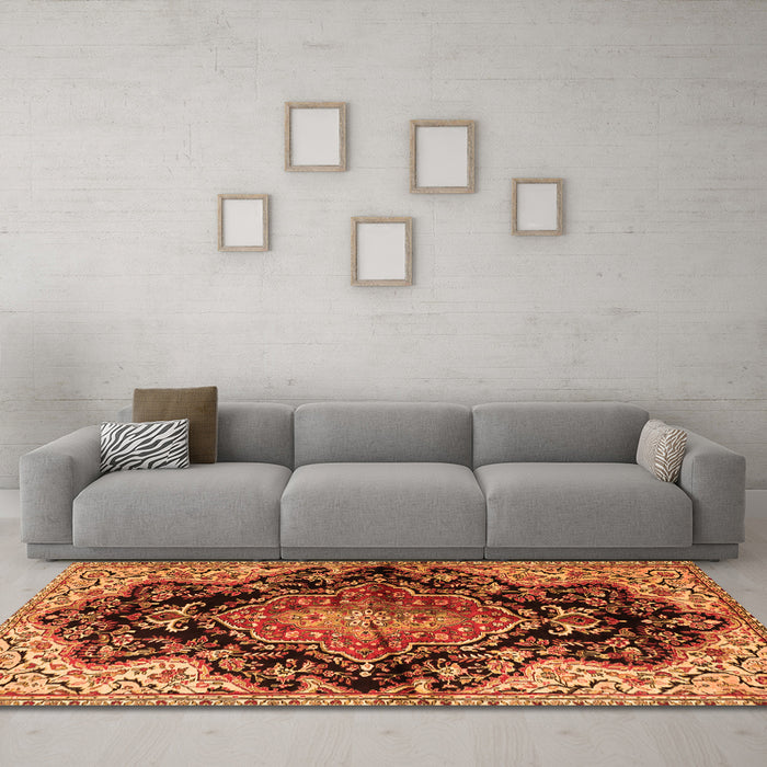Machine Washable Medallion Orange Traditional Area Rugs in a Living Room, wshtr2547org