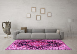 Machine Washable Medallion Pink Traditional Rug in a Living Room, wshtr2547pnk