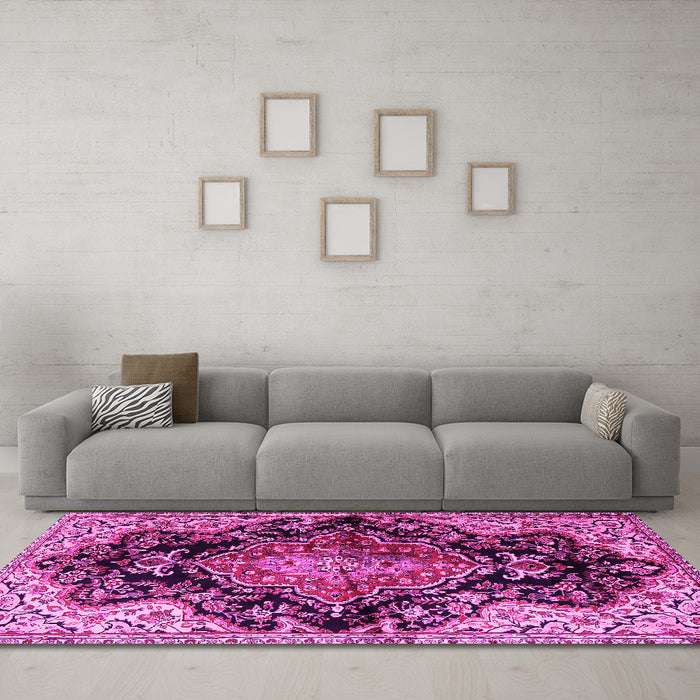 Machine Washable Medallion Pink Traditional Rug in a Living Room, wshtr2547pnk