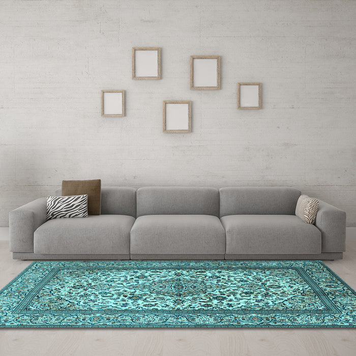 Machine Washable Medallion Light Blue Traditional Rug in a Living Room, wshtr2548lblu