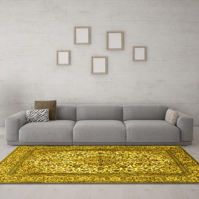 Machine Washable Medallion Yellow Traditional Rug in a Living Room, wshtr2548yw