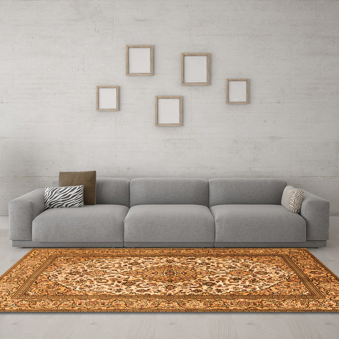 Machine Washable Medallion Orange Traditional Area Rugs in a Living Room, wshtr2548org