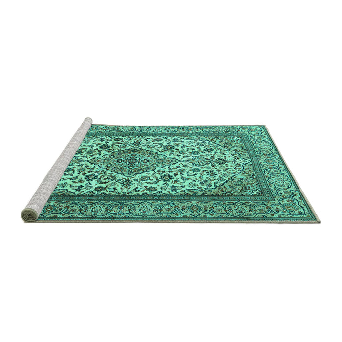 Sideview of Machine Washable Medallion Turquoise Traditional Area Rugs, wshtr2548turq