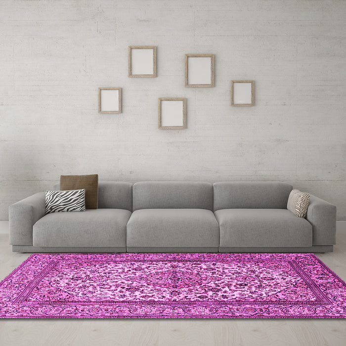 Machine Washable Medallion Pink Traditional Rug in a Living Room, wshtr2548pnk