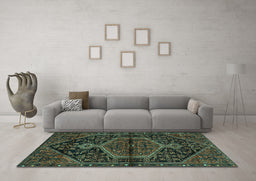 Machine Washable Medallion Turquoise Traditional Area Rugs in a Living Room,, wshtr2549turq