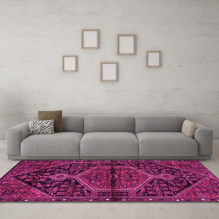 Machine Washable Medallion Pink Traditional Rug in a Living Room, wshtr2549pnk