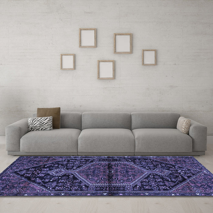 Machine Washable Medallion Blue Traditional Rug in a Living Room, wshtr2549blu