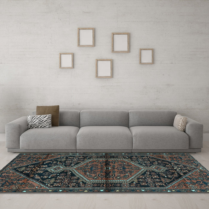 Machine Washable Medallion Light Blue Traditional Rug in a Living Room, wshtr2549lblu