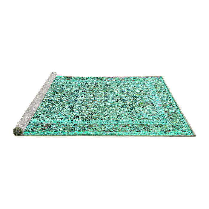 Sideview of Machine Washable Persian Turquoise Traditional Area Rugs, wshtr2552turq