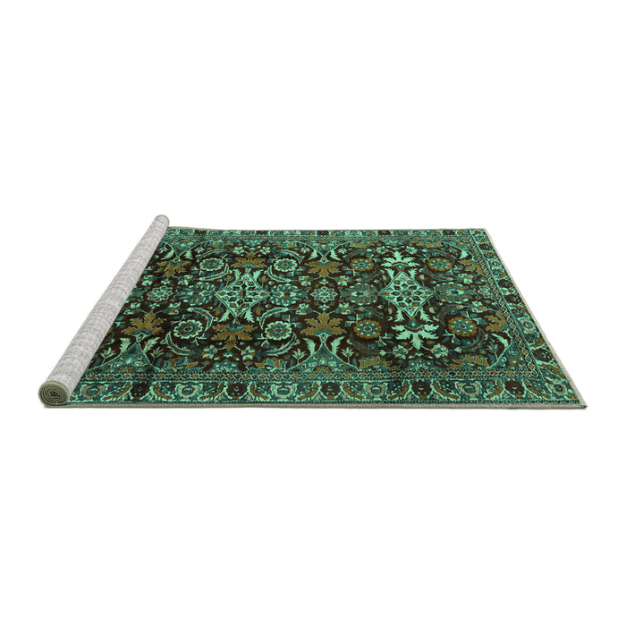 Sideview of Machine Washable Persian Turquoise Traditional Area Rugs, wshtr2553turq