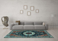 Machine Washable Medallion Light Blue Traditional Rug, wshtr2554lblu