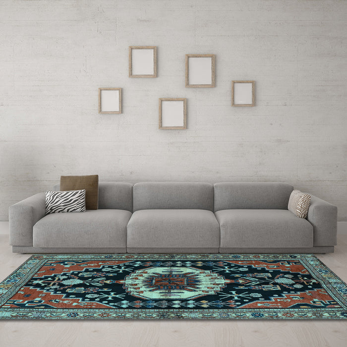 Machine Washable Medallion Light Blue Traditional Rug in a Living Room, wshtr2554lblu