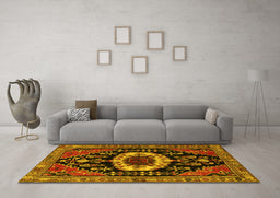 Machine Washable Medallion Yellow Traditional Rug in a Living Room, wshtr2554yw