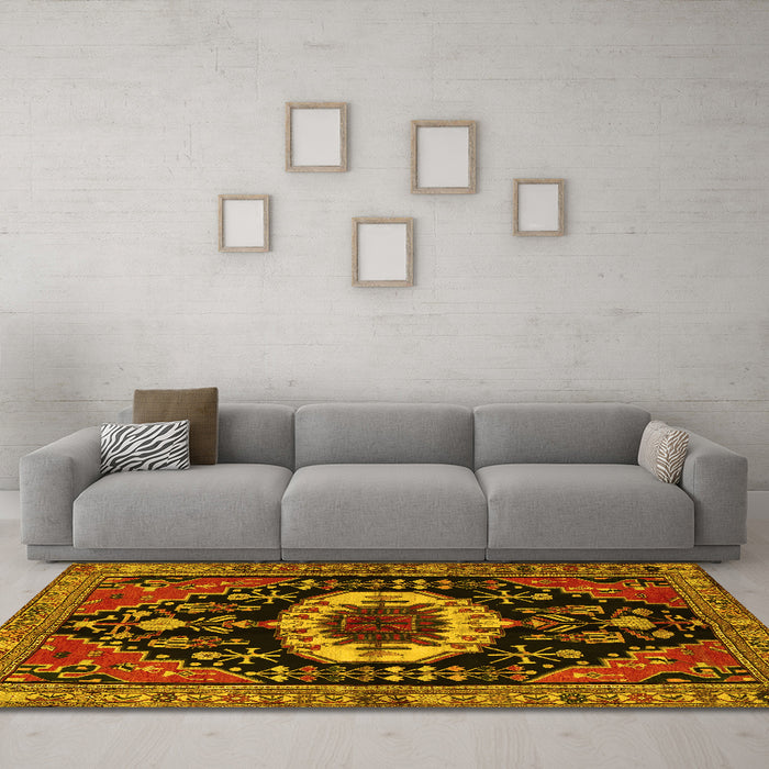 Machine Washable Medallion Yellow Traditional Rug in a Living Room, wshtr2554yw