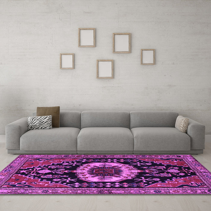 Machine Washable Medallion Purple Traditional Area Rugs in a Living Room, wshtr2554pur