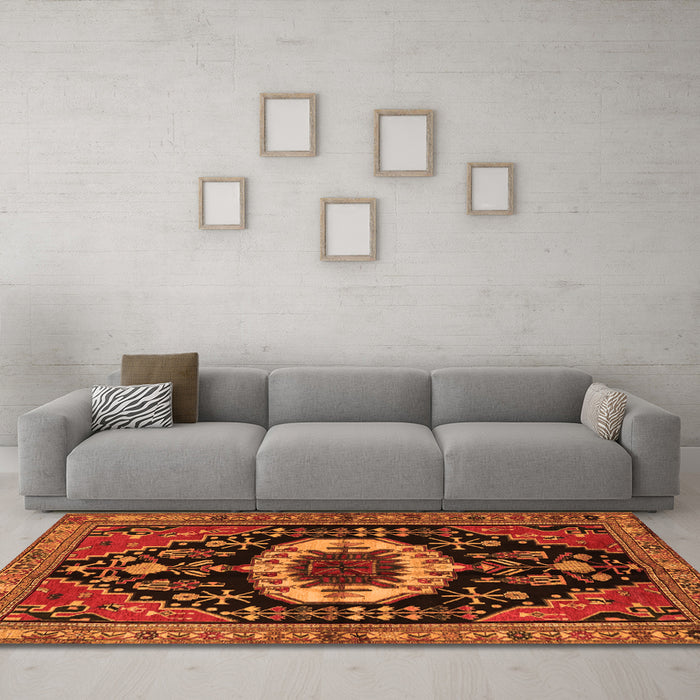 Machine Washable Medallion Orange Traditional Area Rugs in a Living Room, wshtr2554org