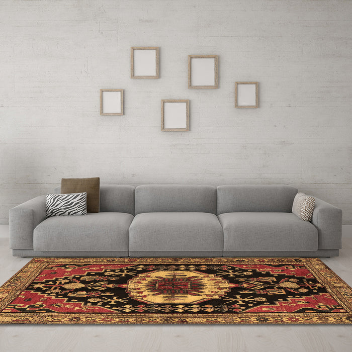 Machine Washable Medallion Brown Traditional Rug in a Living Room,, wshtr2554brn