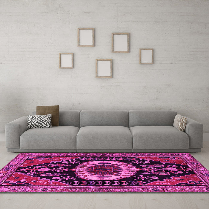 Machine Washable Medallion Pink Traditional Rug in a Living Room, wshtr2554pnk