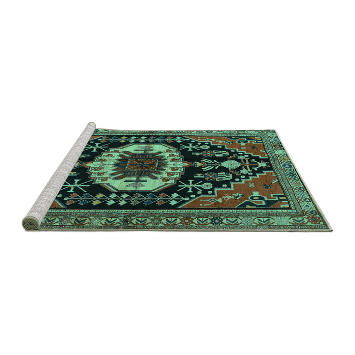 Sideview of Machine Washable Medallion Turquoise Traditional Area Rugs, wshtr2554turq