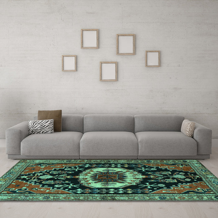 Machine Washable Medallion Turquoise Traditional Area Rugs in a Living Room,, wshtr2554turq