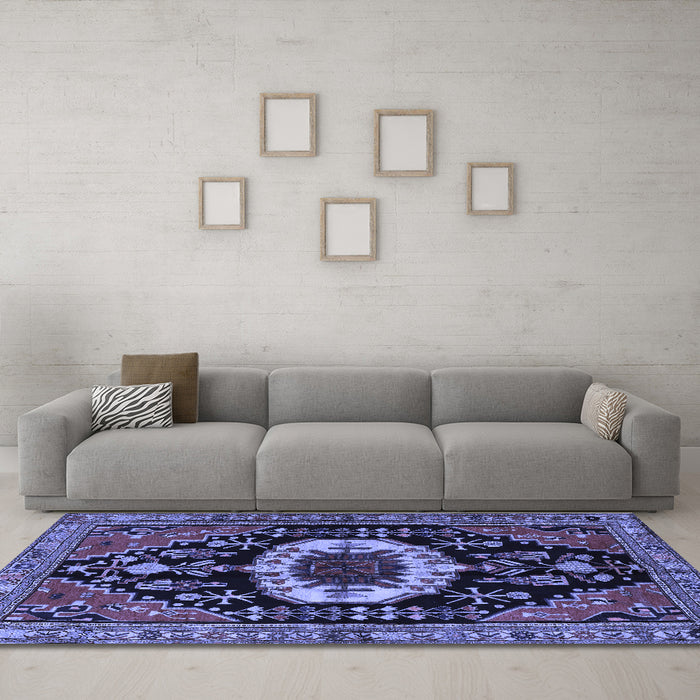 Machine Washable Medallion Blue Traditional Rug in a Living Room, wshtr2554blu