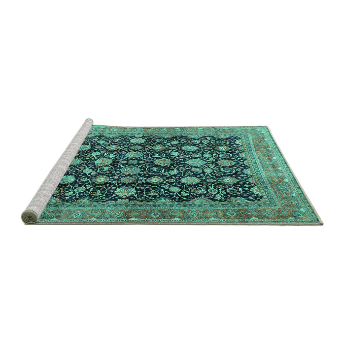 Sideview of Machine Washable Persian Turquoise Traditional Area Rugs, wshtr2556turq