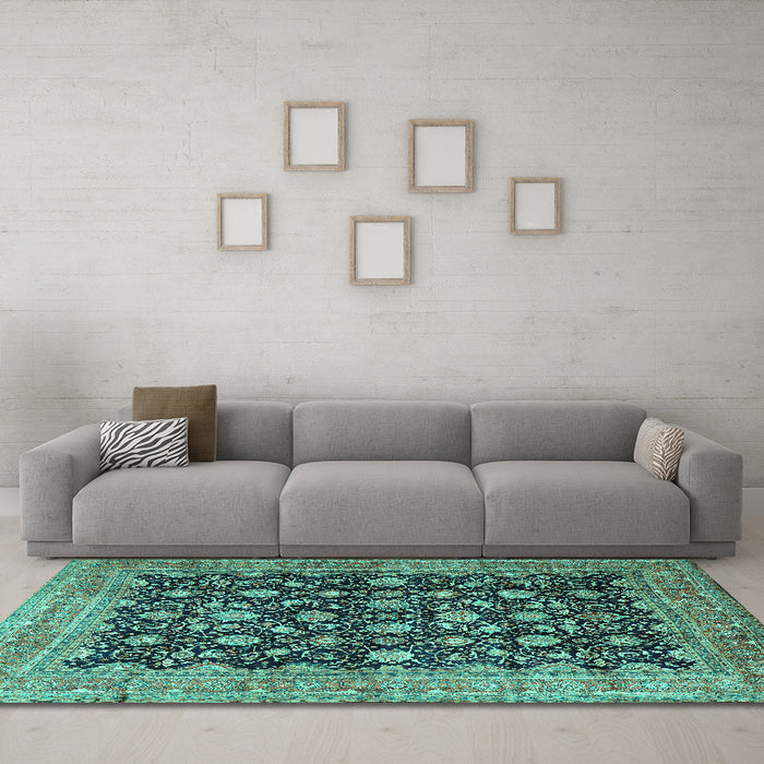 Machine Washable Persian Turquoise Traditional Area Rugs in a Living Room,, wshtr2556turq