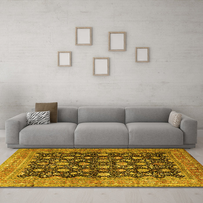 Machine Washable Persian Yellow Traditional Rug in a Living Room, wshtr2556yw