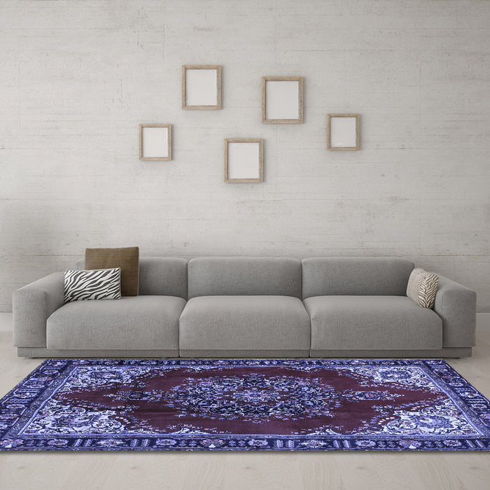 Machine Washable Medallion Blue Traditional Rug in a Living Room, wshtr2557blu