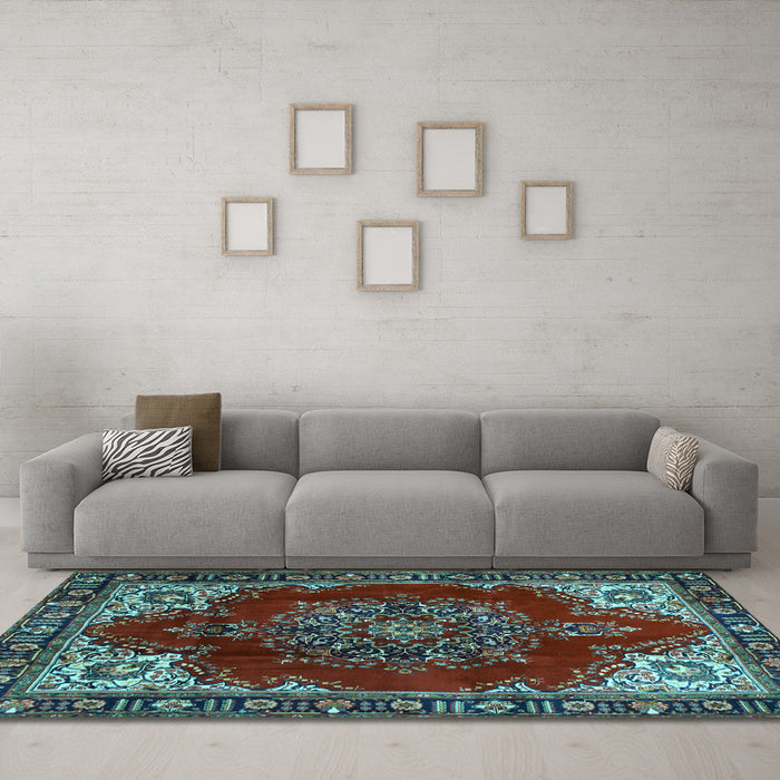 Machine Washable Medallion Light Blue Traditional Rug in a Living Room, wshtr2557lblu