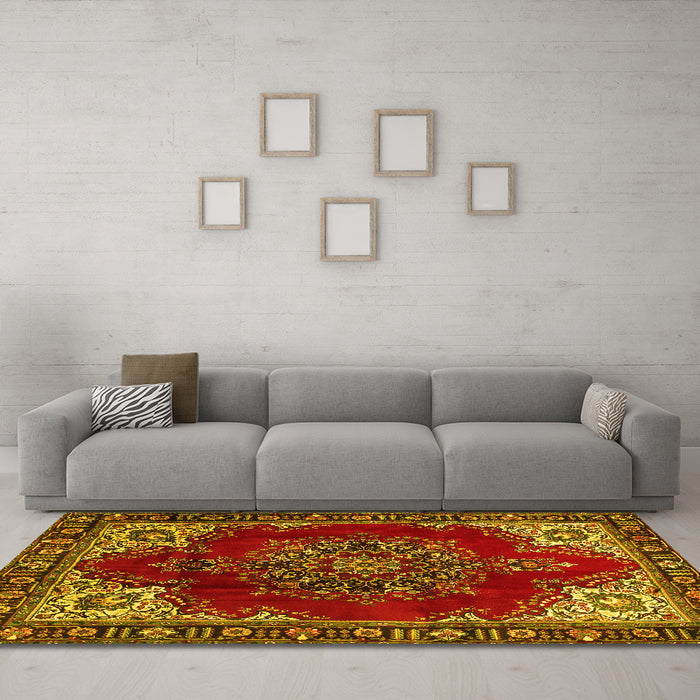 Machine Washable Medallion Yellow Traditional Rug in a Living Room, wshtr2557yw