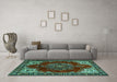 Machine Washable Medallion Turquoise Traditional Area Rugs in a Living Room,, wshtr2557turq