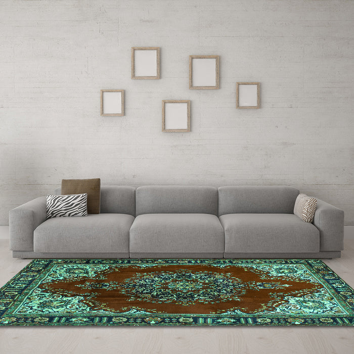 Machine Washable Medallion Turquoise Traditional Area Rugs in a Living Room,, wshtr2557turq