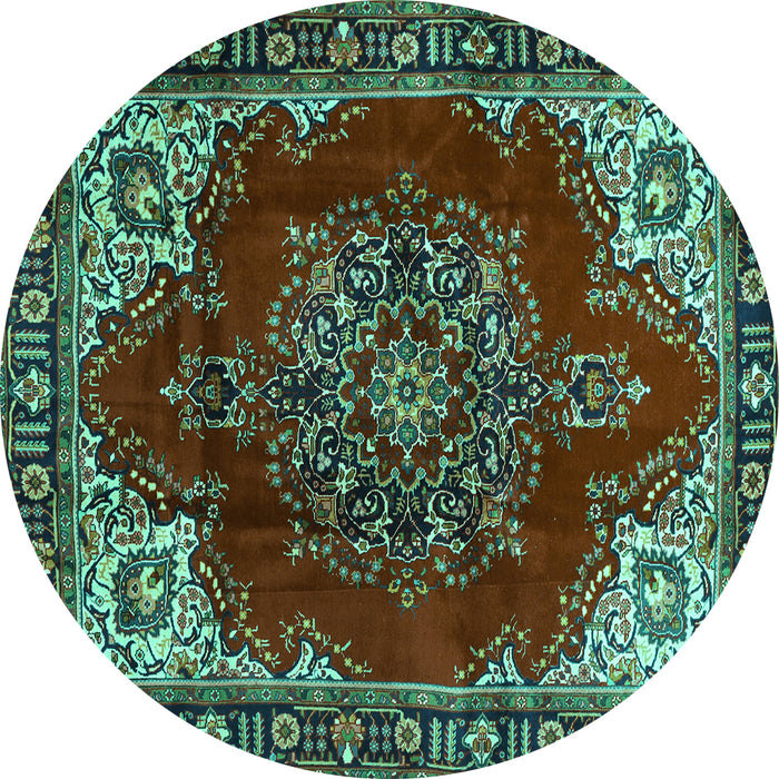 Round Machine Washable Medallion Turquoise Traditional Area Rugs, wshtr2557turq