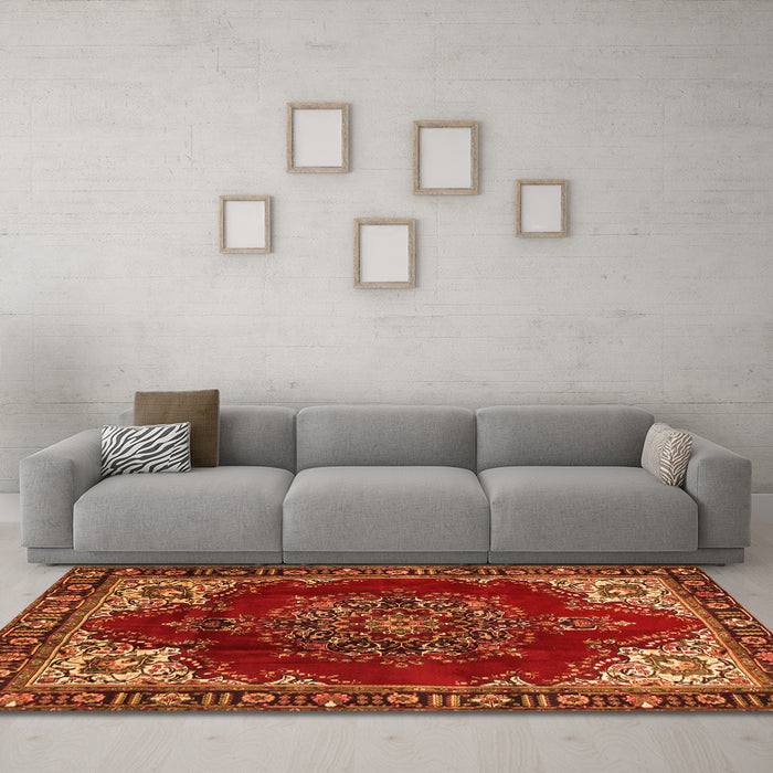 Machine Washable Medallion Orange Traditional Area Rugs in a Living Room, wshtr2557org
