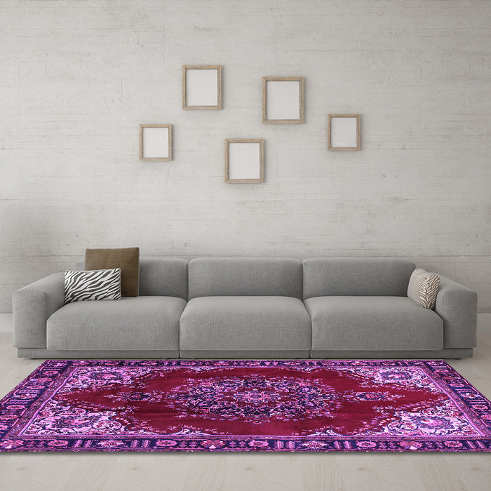 Machine Washable Medallion Purple Traditional Area Rugs in a Living Room, wshtr2557pur