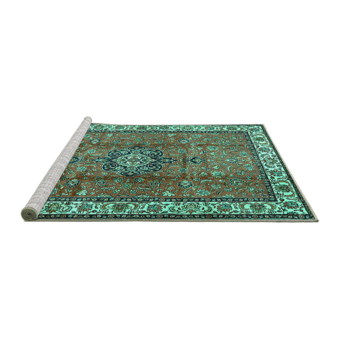 Sideview of Machine Washable Persian Turquoise Traditional Area Rugs, wshtr2558turq