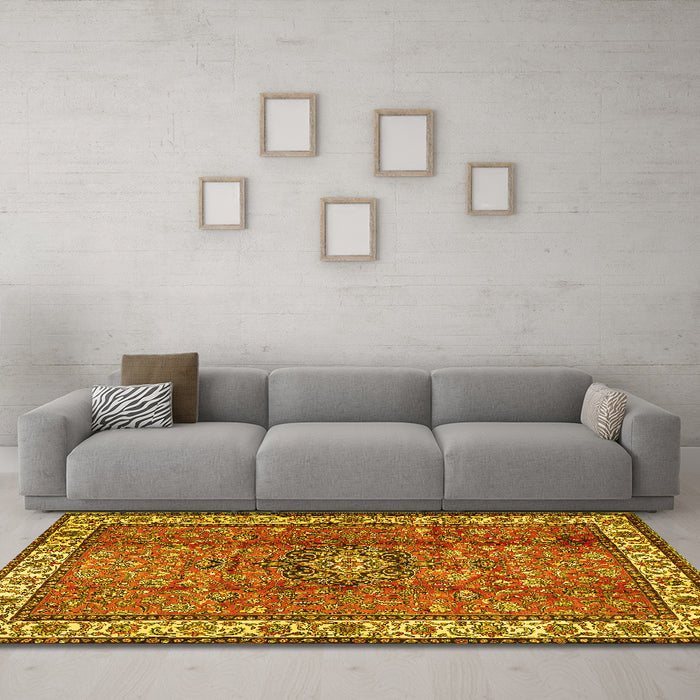 Machine Washable Persian Yellow Traditional Rug in a Living Room, wshtr2558yw